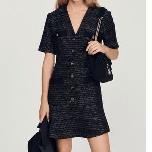 Sandro Black and Gold Tweed Mini Dress